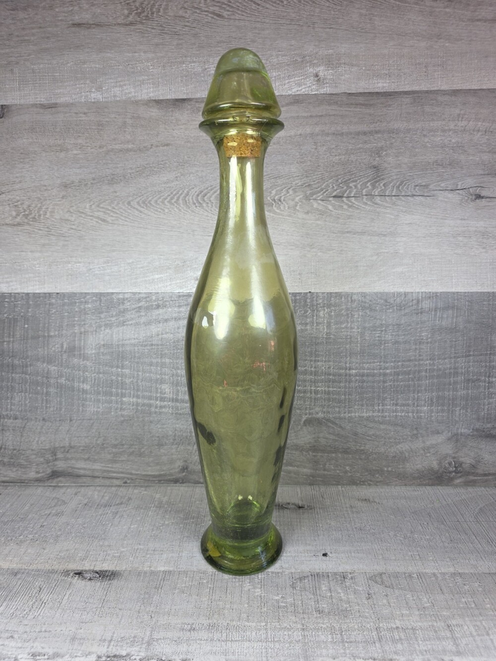 Vtg Olive Green Bubble Glass Genie Bottle 1960s Spain MCM Decanter 19” b291
